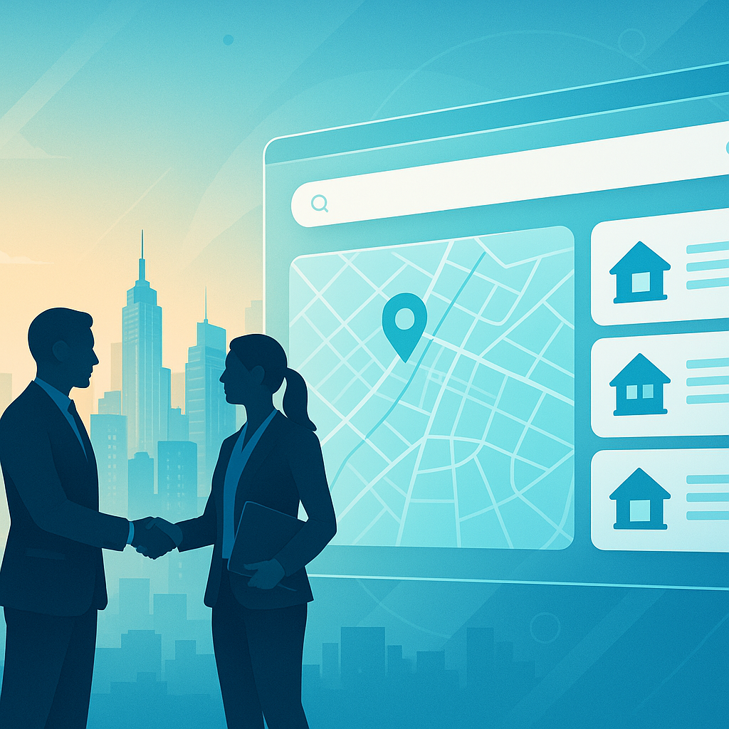 Real estate professionals with property listing interface